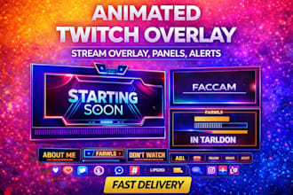 design aminated twitch overlay, twitch logo, stream overlay, panels, alerts