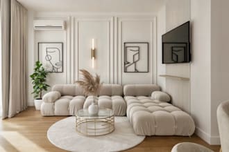 render3d minimal living space,villa interior,open concept kitchen,bedroom design