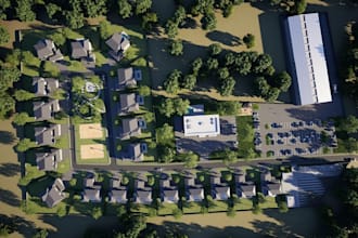 enhance 3d residential site building,aerial terrace render,estate garage design