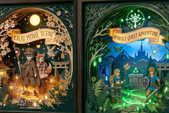 create 3d themed light box shadow box anime movie or game svg paper art