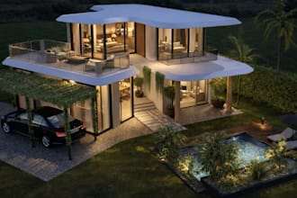 explore 3d glass balcony villa house,curved roof design,landscape garden render