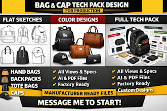 design bag tech pack, handbag, backpack, tote bag cap tech pack for production
