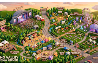 create detailed 3d isometric event map festival layout and map illustration