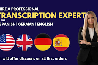 do human transcription for english, german, spanish of any audio file or video