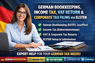 do german bookkeeping, income tax, vat return and corporate tax filing via elste