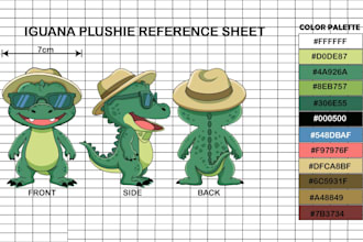 provide detailed plushie reference sheet, stuffed animals, soft toys, tech packs
