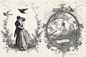 create an etching style wedding crest or illustration