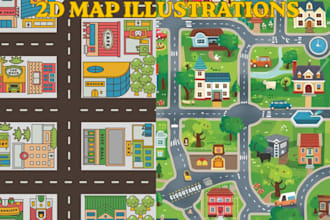 create colorful 2d map illustrations for children books, games, and learning