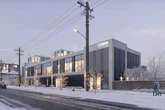 develop 3d commercial building,packing lot,urban environment,glass facade render