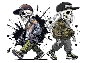 design gangster skeleton, hip hop, skull, t shirt, graffiti logo