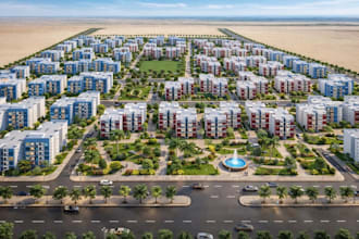 3d housing development site, residential area, amenities, rows apartments render
