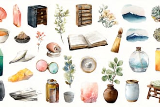 create unique watercolor hand drawn icons and illustrations