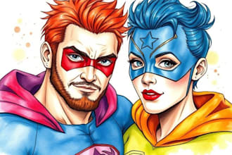 crate watercolor super hero couple portrait art