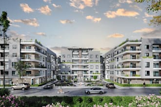 present cgi residential compound,reinforced building,3d estate apartments render