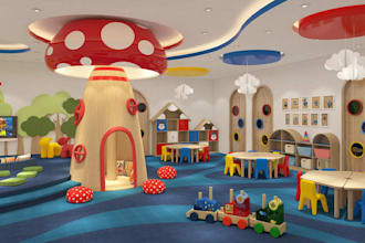 redesign 3d kindergarten classroom, colorful interior, kids furniture, toy train