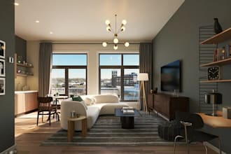 restyle 3d studio apartment interior, open plan space render, 3d bedroom layout