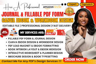 design digital journal fillable pdf form, workbook and canva ebook layout design