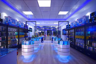 design 3d electronics retail store, gadget display, store clean layout, showroom