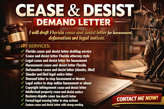 draft florida cease and desist letter for harassment defamation and legal notice