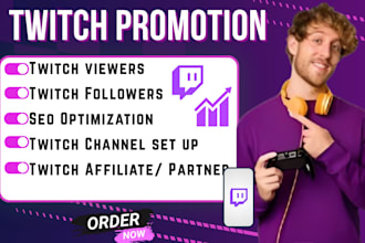 do twitch setup, twitch design, twitch promotion with live viewers and followers