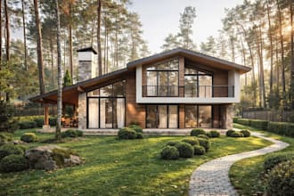 craft 3d single family cottage,farmhouse exterior,brick balcony,landscape render