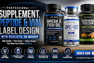 design supplement label, peptide label, vial label design, 3d mockup