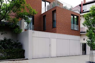 model brick house exterior,gated residential building, rooftop terrace rendering