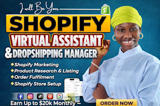 be shopify virtual assistant for shopify marketing, ebay droshipping, manager