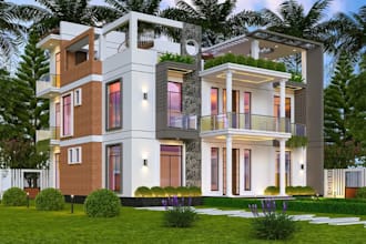 recreate 3d modern duplex house, elevation exterior villa,