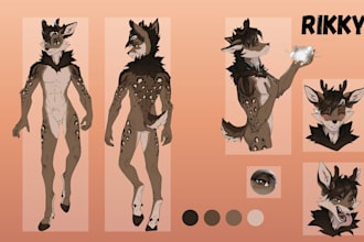 draw furry reference sheet, transformation art and oc design in anime style