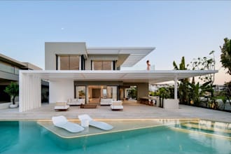 design 3d resort style home,minimalist design,outdoor patio,tropical landscaping