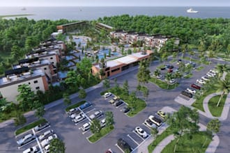 replan3d luxury beachfront resort, real estate project, landscaping design, cgi