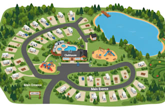 create detailed 2d 3d vector map rv park resort map, campground map illustration