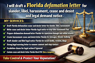 draft a florida defamation letter for slander libel harassment cease and desist