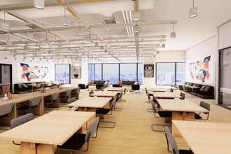 revamp 3d modern office, open plan interior layout, co working space rendering