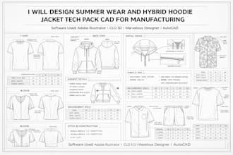 design summer wear and hybrid hoodie jacket tech pack cad for manufacturing