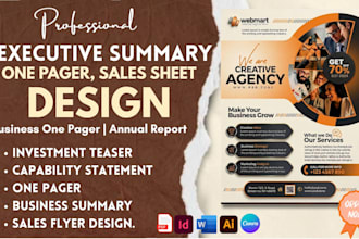 design executive summary,one pager, bussiness annual report, investor sales deck