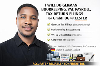 do german bookkeeping, vat, payroll, tax filings for gmbh and ug via elster
