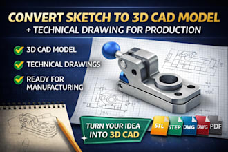 convert sketch to 3d cad model with technical drawing for production