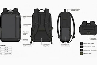 create detailed bag tech pack, bag design, back pack,purse,tote bag, duffle bag