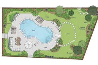 design layout 2d, landscape garden, backyard, pool