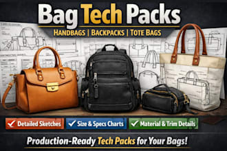 create detailed bag tech packs for handbags, backpacks, bag, totes bag