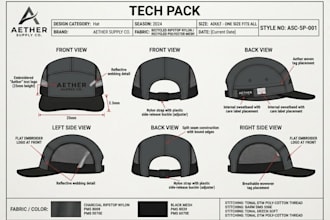 create custom cap, hat tech pack with flat sketch and mockup for manufacturing
