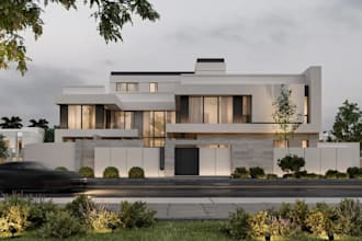 redesign 3d private home, villa exterior renovation, front elevation, cgi render