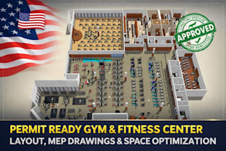 design permit ready gym finess center layout mep drawings and space optimization