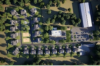 zone 3d residential clusters,community sports area,detached houses,aerial render