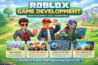 develop roblox game,  environment, map design, scripting and full game system