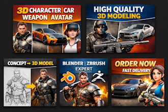 create high quality 3d character, car, avatar, weapon model in blender, zbrush