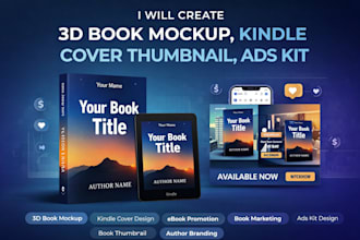 create 3d book mockup, kindle cover thumbnail, ads kit