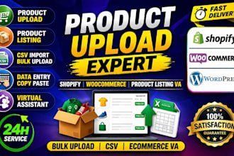 do product upload, product listing, shopify and woocommerce data entry VA